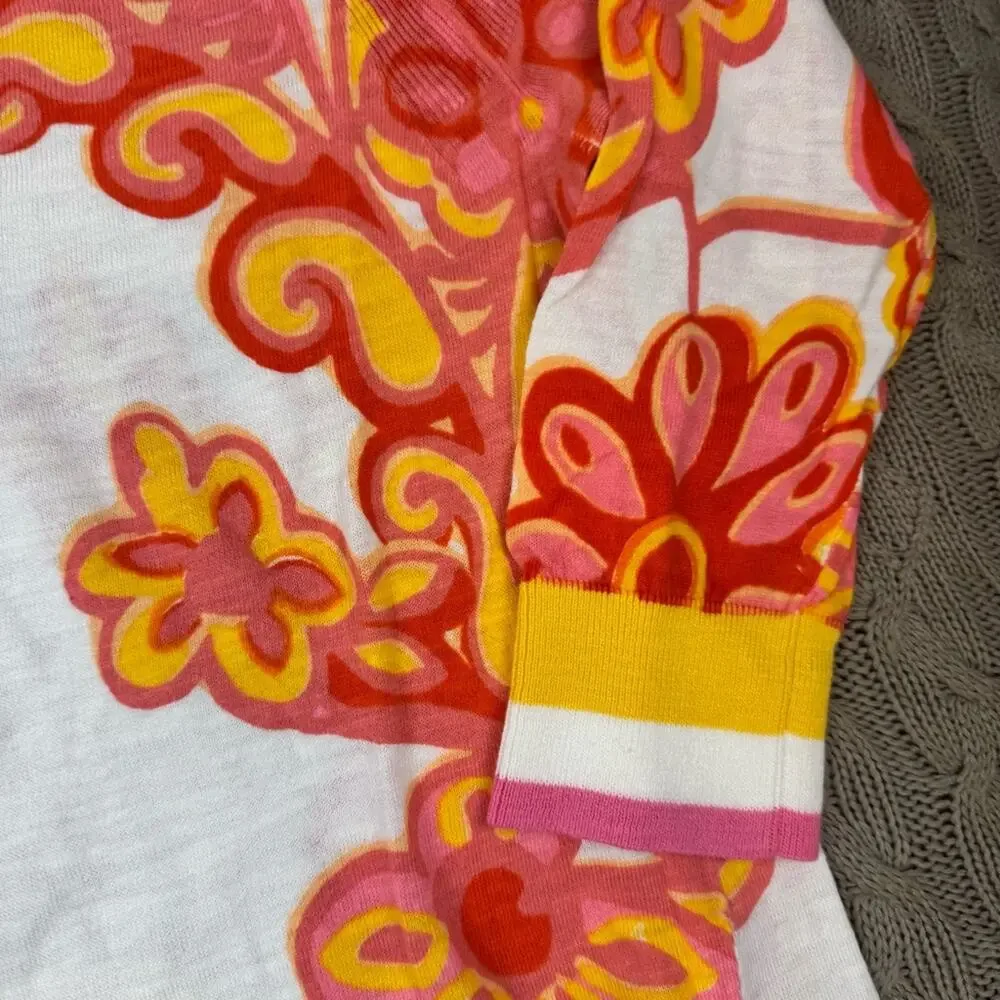 Talbots Floral V-Neck Sweater - Pink and Yellow Mod ~ Small